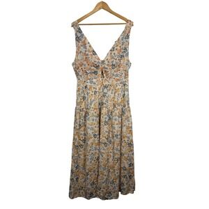 Cottagecore Joie Women 14 Midi Dress Yellow Grey Floral Cotton Smocked Pockets